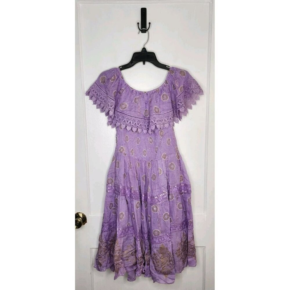 NWT Sz S/M Ananta Made In India 100% Rayon Purple Gold Mandala Dress Boho - Picture 2 of 5